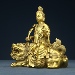 Estatua de Bodhisattva Manjushri de latón fundido a mano, sentado sobre un león, decoración para el hogar, artesanía, adorno - Product Image 3