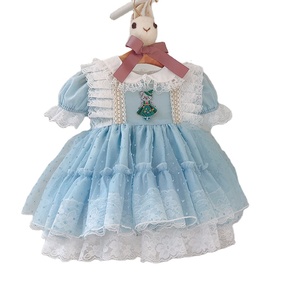 Falda de encaje <span class=keywords><strong>azul</strong></span> <span class=keywords><strong>cielo</strong></span> de estilo europeo, vestido español <span class=keywords><strong>para</strong></span> <span class=keywords><strong>niñas</strong></span> de 2 a 5 años, manga corta, estampado informal en capas, temporada de verano decorativa - Product Image 1