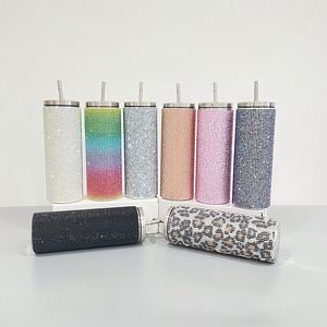 Vasos Térmicos de Acero Inoxidable Delgados y Rectos de 20oz con Diseño de Leopardo Arcoíris Rosa, Azul y Negro, Cubiertos de Diamantes de Imitación y Pedrería Brillante - Product Image 3