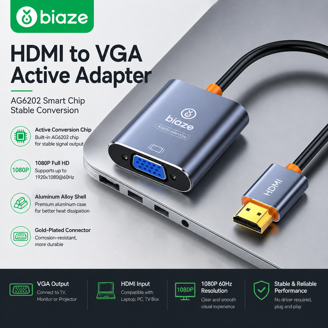 Biaze HDMI to VGA Adapter 1080P 60Hz Active Converter AG6202 Aluminum Alloy Plug Play HDMI Male to VGA Female Laptop PC Monitor