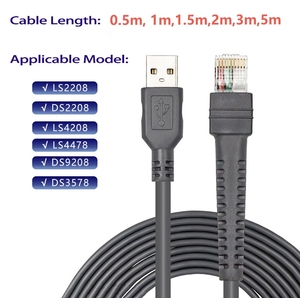 Cable de escáner de código de barras USB gris 2M 3M 5M RJ45 para Symbol Moto LS2208/DS2208/ LS4208/LS4478/<span class=keywords><strong>DS9208</strong></span>/DS3578 Cable de escáner de código de barras - Product Image 1