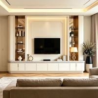 Meuble TV mural moderne sur mesure pour salon, poignées dorées, vitrine en verre miroir, niche rétroéclairée par LED, OEM ODM pour usage hôtelier