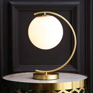 Factory Price Moon Shape Metal Bedside Table Lamp With Glass Shade For Bedroom