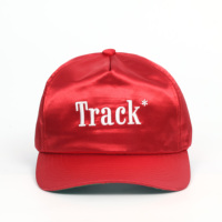 5-delige op maat gemaakte satijnen pet met geborduurd logo, op maat gemaakte kleur rood en bruin, snapback model