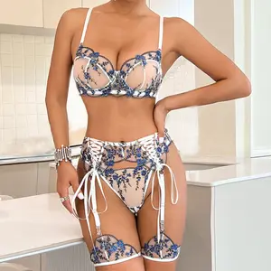 Floral Embroidery Scallop Trim 4 Piece Sexy Lingerie Set Lace Up Underwire Transparent Intimate Bra Thong Lenceria