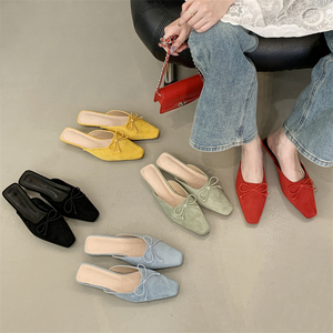 2025 New Retro Spring square <b>Toe</b> Flat slippers with Empty <b>Heels</b> and <b>Closed</b> <b>Toe</b> Shoes Solid Color Bow Non-slip Sandals - Product Image 1