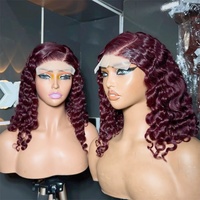 Parrucche Bob Corte Ricci Afro Rosse 99J, Parrucche Frontali in Pizzo HD con Capelli Umani Brasiliani Grezzi, Parrucche Pixie Cut per Donna