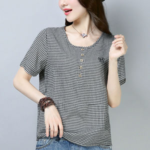Women's Plaid T-Shirt Red Checkered Short Sleeve Loose Fit Cotton Breathable Summer Top - Product Image 3