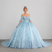 Robes de Quinceañera bleu clair, style robe de bal épaules dénudées, luxueuses, perlées, pour Sweet 16, en dentelle scintillante, robe de débütante pour soirée