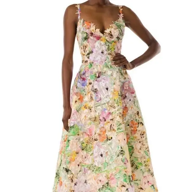ताज़ा स्वीट स्ट्रैप ड्रेस 2024 स्प्रिंग हॉलिडे स्टाइल रंगीन फूलों की कढ़ाई खोखली पानी में घुलने वाली लेस ड्रेस मध्यम लंबाई की ड्रेस