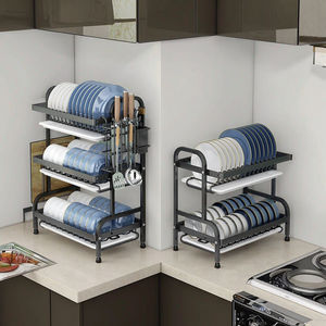 رف تخزين أطباق وأواني المطبخ من الفولاذ الكربوني ثلاثي الطبقات من إن إف إس، رف تصريف متحرك لا يحتاج إلى تركيب، خزانة متعددة الوظائف - Product Image 1