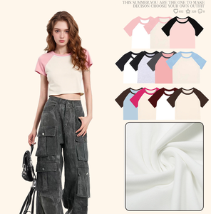 Camiseta de <span class=keywords><strong>Manga</strong></span> Corta Raglán con Bloques de Color para <span class=keywords><strong>Mujer</strong></span>, Ajustada, Transpirable, Cuello Redondo, Básica, Informal, Esencial para el Guardarropa - Product Image 1