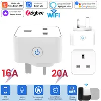 Soket Pintar Tuya 16A/20A WiFi/Zigbee Colokan UK 3pin Adaptor Rumah Kontrol Suara Alexa Pemantauan Energi