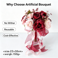 Bouquet de mariée pastoral avec roses artificielles roses, pivoines en soie et ruban – Décoration pour mariage en extérieur, demoiselles d'honneur et séances photo