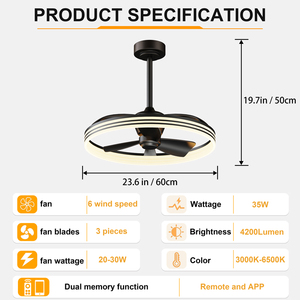 Ventilateur de plafond moderne à anneaux empilés de 23,6 pouces, 6 vitesses, avec minuterie, mémoire, silencieux, réversible, avec éclairage LED, pour la maison et la chambre à coucher - Product Image 6
