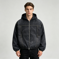 Blouson Bomber Matelassé en Jean Noir pour Homme, Col Montant, Écologique, Coupe-Vent, Style Décontracté Urbain, Personnalisable OEM ODM