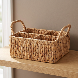 <b>Rectangular</b> Natural Water hyacinth Storage <b>Basket</b> With Handles Multi Compartment Rustic Design For Home Organization - Product Image 4