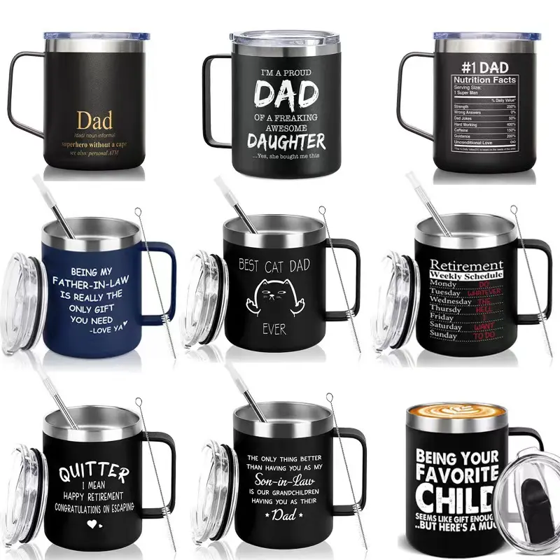 Custom Logo 12 oz 14 oz Powder Coated Insulated Stainless Steel Coffee Mugs Handle Double Wall Vacuum Tumbler Cup With Lid