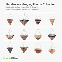 Panier suspendu fait main style bohème rustique bicolore en corde de papier et bande de bois tressé pour véranda et rebord de fenêtre OEM
