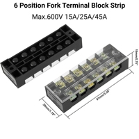 Barrette de bornes à fourche 3 4 5 6 8 10 12 positions 15A/25A/45A Max 600V, bloc de bornes à double rangée avec couvercle isolant