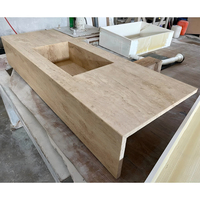 Plan de travail en pierre naturelle travertin beige avec lavabo simple trou pour salle de bain, facile à nettoyer, accessoire de présentation en pierre calcaire cosmétique