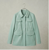 Veste en peau de mouton lisse vert menthe pour femme, col chemise, cordon de serrage à la taille, mi-longue, décontractée, manteau en cuir pour l'extérieur