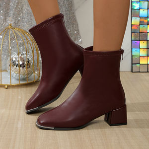 Venta caliente tendencia de moda punta cuadrada PU tacones gruesos tobillo cremallera bota botín romano país bota - Product Image 4