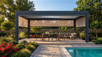 Pergola bioclimatique en aluminium à lames orientables motorisées électriques, cadre thermolaqué - Terrasse extérieure écologique, balcon