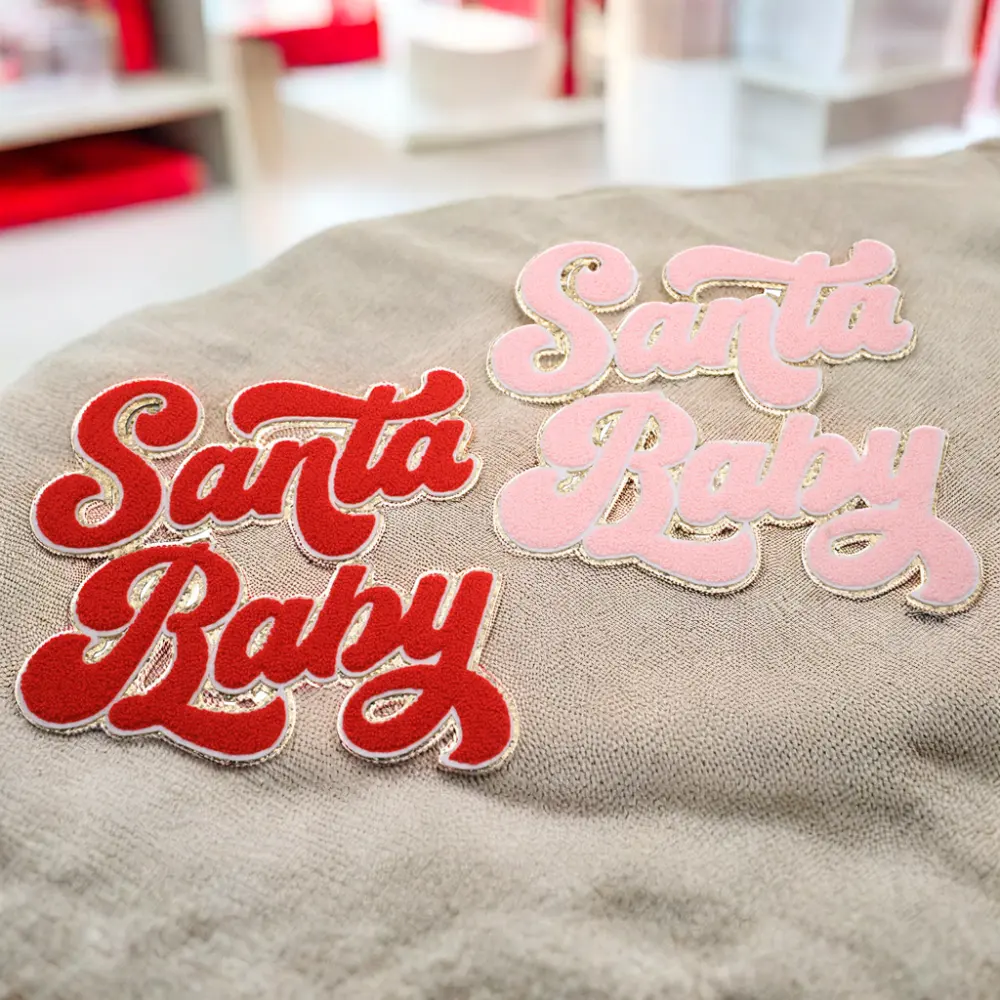 Christmas Custom Iron on Embroidery Letters Patterns Red & White Chenille Biker Patches for Jeans for Felt Fabric Type