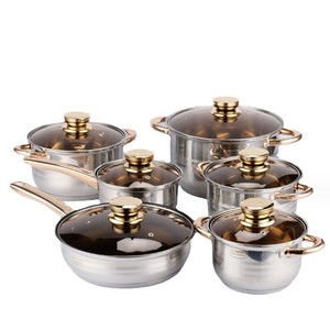 201 e 410 aço inoxidável 6pcs Kitchen <span class=keywords><strong>Ware</strong></span> Set Aço Inoxidável Gold Cooking Pot Conjuntos de panelas antiaderente com tampa de vidro - Product Image 4