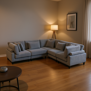 Divano componibile a L in velluto a coste grigio per soggiorno con cuscini morbidi e sedie senza braccioli - Product Image 2