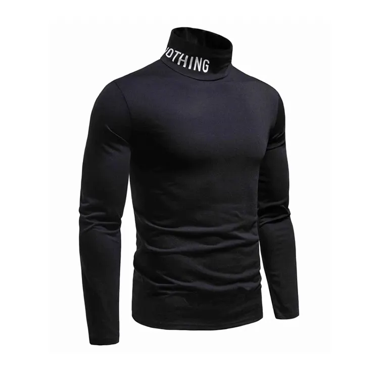 Camiseta negra de manga larga para hombre, Camisa ajustada con cuello de tortuga, estampado personalizado, fabricante de China