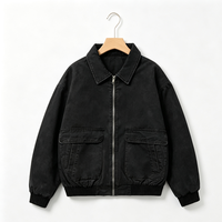 Blouson Bomber Homme en Toile Enduite Noire Délavée, Col Classique, Coupe Ample Oversize, Formel, Printemps Automne, Vêtement de Travail Extérieur Imperméable, Personnalisable OEM
