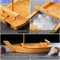 Plateau de service en bois style bateau minimaliste japonais pour sashimi, fruits de mer et sushi, avec glace carbonique, design bateau du dragon