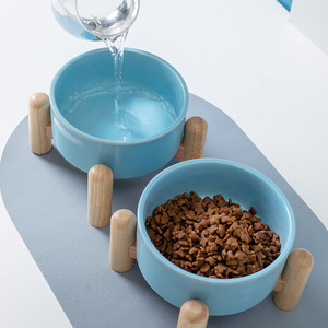 Shuo Ni <b>Ceramic</b> Pet <b>Bowls</b> With Wooden Stand Raised Feeding Set For Cats And <b>Dogs</b> Blue Color - Product Image 3