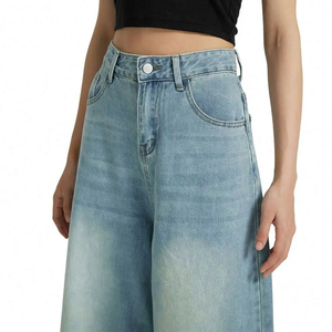 À la mode taille haute décontracté grande taille droite jambe <span class=keywords><strong>large</strong></span> femmes <span class=keywords><strong>jean</strong></span> polyvalent Stretch bleu toutes saisons pantalon en <span class=keywords><strong>jean</strong></span> ample - Product Image 3