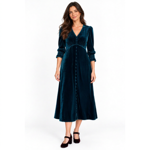 Vestido midi de terciopelo verde azulado para mujer, cuello en V, mangas largas abullonadas, vestido con botones en la parte delantera y corte en A - Product Image 1