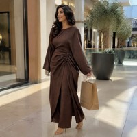 Tunique longue plissée avec pantalon large élastiqué, tenue pour femmes musulmanes, vêtements décontractés quotidiens, ensemble 2 pièces en crêpe de polyester uni