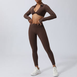 Yeni stil büküm ön turn-aşağı yaka spor spor giyen Push up yastıklı Yoga sutyen popo kaldırma ezme tayt 2 parça setleri - Product Image 4