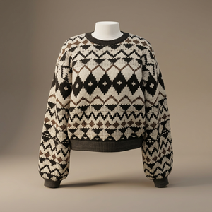 Pull en tricot à motif géométrique court pour femme, col rond, manches longues, pull décontracté d'hiver - Product Image 1