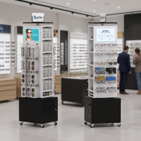 Présentoir optique en bois sur mesure pour salon professionnel, présentoir à lunettes et lunettes de soleil avec roulettes et boîte de rangement