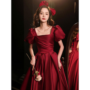 Burgundy Satin A-Line Bridesmaid Dress Scoop Neck Natural Waist Vintage Style Long Length - Product Image 2