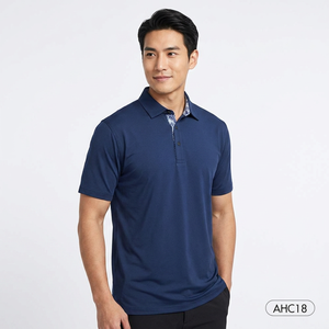 เสื้อเชิ้ตผู้ชายสีน้ำเงินกรมท่า สไตล์คลาสสิก ผ้าถักโพลีเอสเตอร์/คอตตอน ยืดได้สี่ทิศทาง ระบายอากาศได้ดี แห้งเร็ว สีพื้น แขนสั้น - Product Image 6