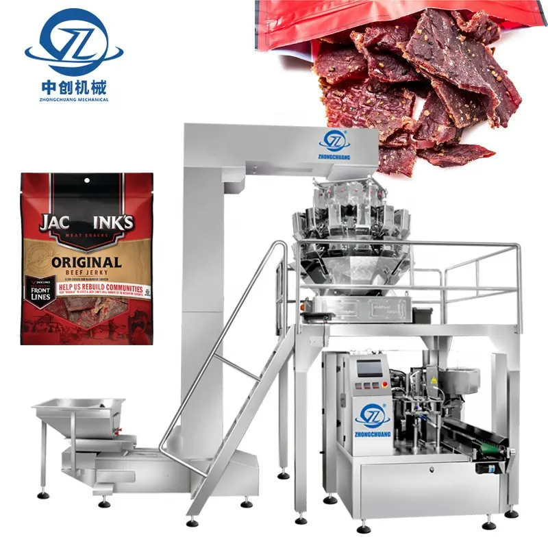 Mehrkopf waage mit horizontaler Rotations verpackung Chicken Beef Jerky Meet Snack Zipper Premade Pouch Packing Machine