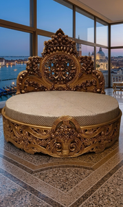 Round <b>Antique</b> Style Button Tufted <b>Bed</b> with Classical Engraved Wooden <b>Frame</b> Elegant Bedroom Furniture - Product Image 2