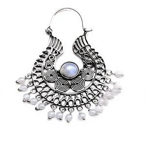 Pendientes de Aro Bohemios de Latón Plateado con Piedra Lunar Natural de 13g, Diseño Único, Novedad 2021, para Regalo de Boda o Fiesta para Mujer - Product Image 3
