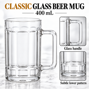 Bicchiere in Vetro Trasparente per Birra e Vino con Manico, 400ml/13.5oz, Base Spessa e Stabile, Design Classico, Lavabile in Lavastoviglie, per Casa, Feste, Catering, Vendita all'Ingrosso - Product Image 4