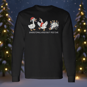 Maglietta a maniche lunghe natalizia con stampa di oca in eccesso stimolata ma festosa - Product Image 3
