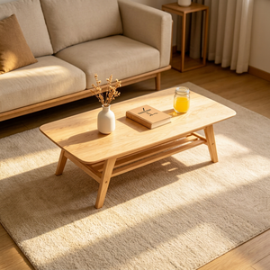 Table basse moderne en bois massif avec étagère de rangement, mobilier de salon scandinave, design minimaliste, table d'appoint basse - Product Image 1
