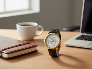 Orologio da uomo analogico al quarzo con cronografo, cassa rotonda in oro giallo, cinturino in pelle, colori misti - Product Image 2